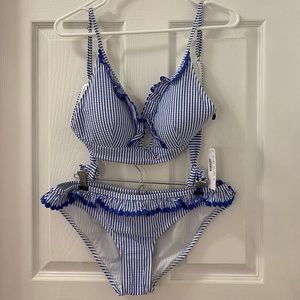 NWT JCrew French Ruffle Bikini in Seersucker Blue